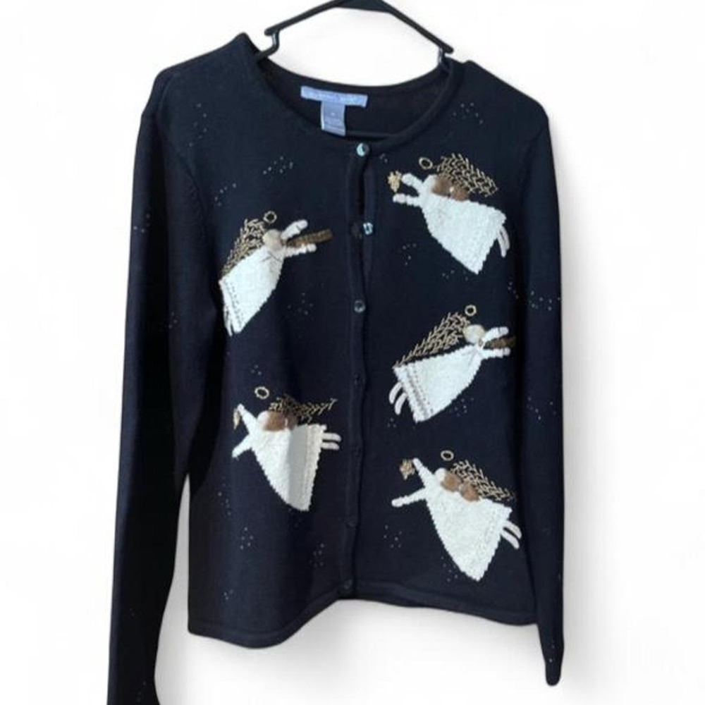 Vintage Carroll Reed Angel Christmas Cardigan Sweater Size M Beaded Embroidered